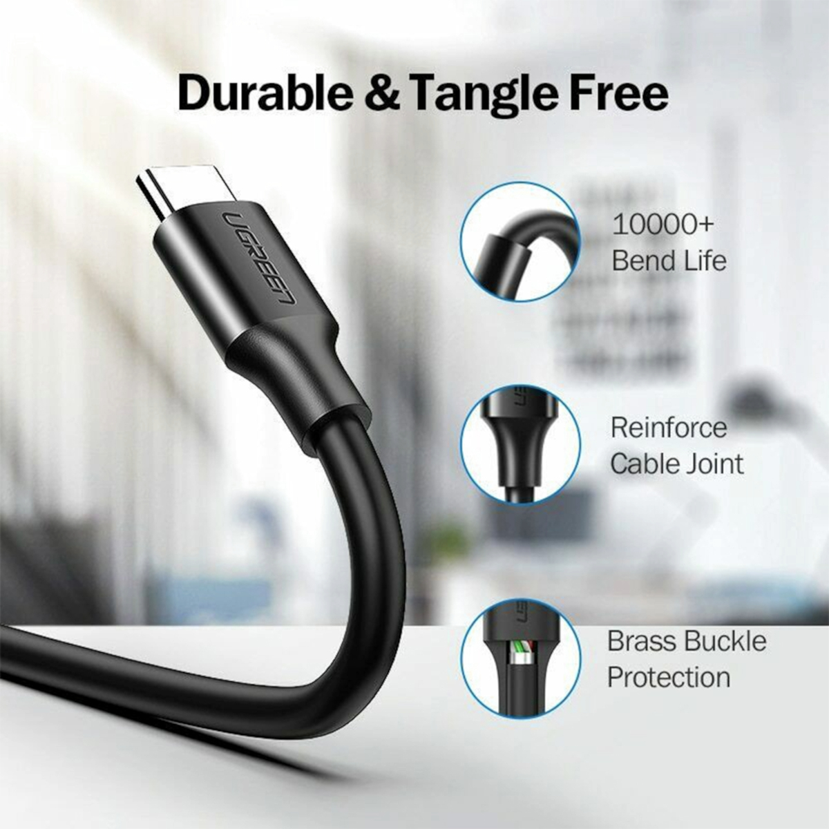 UGREEN Type-C to USB 3.0 Cable 1m – Fast Charging 3A, 5Gbps Sync – Black - Image 3