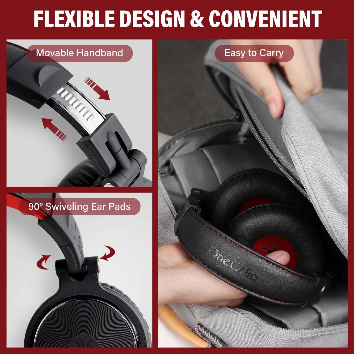 Oneodio Pro 10 Professional Wired Over Ear DJ and Studio Monitoring Headphones - Red/Black - Image 4